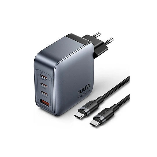 [6922794790391] Vention Φορτιστής GaN με Θύρα USB-A και 3 Θύρες USB-C και Καλώδιο USB-C - USB-C 100W Power Delivery Γκρι (TZ-FETH0-EU)